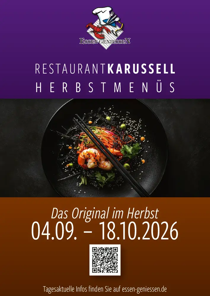 Poster for Restaurant Karussell autumn menus; shrimp dish on a black plate, purple header, dates 04.09–18.10.2026, and a QR code.